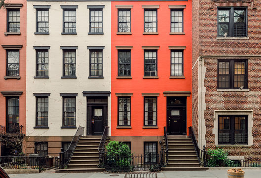 Colorful facades of New York brownstones